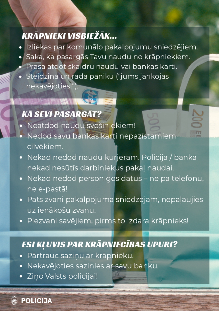 Valsts policijas akcija "Veids, kā pazaudēt naudu". Attēlā papīra maisiņi ar eiro banknotēm