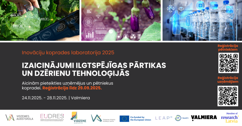 Afiša Vidzemes plānošanas reģiona uzņēmējiem aicinājumam uz starptautisku kopradi – novembrī notiks Inovāciju koprades laboratorija par ilgtspējīgu pārtiku un dzērieniem. Attēlā plastmasas pudeles, baklažānu un zaļu augu stādi
