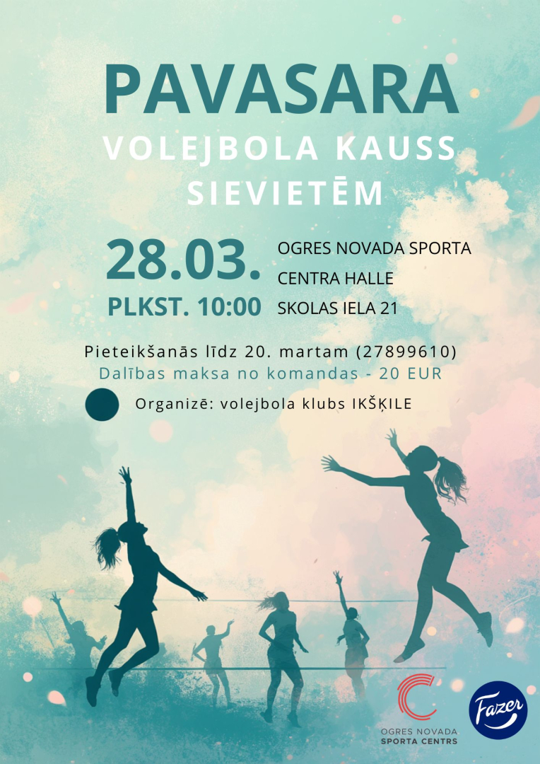 Pavasara volejbola kauss sievietēm Ogres novada sporta centra hallē 28. martā plkst. 10.00. Pieteikšanās līdz 20. martam.