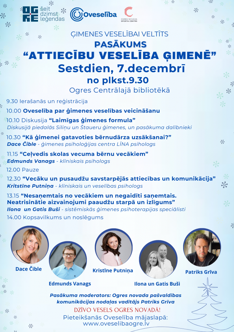 Uz afišas redzami pasākuma lektori, afiša gaiši zila Ziemassvētku noformējumā