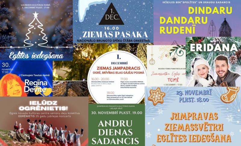 Afišu kolāža nedēļas nogales notikumu apkopojumam