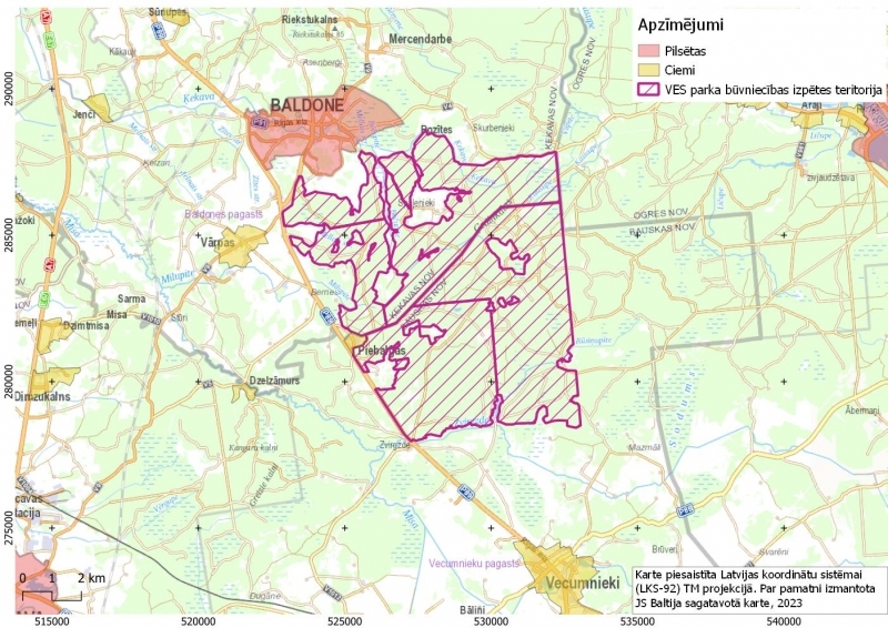 Vēja elektrostaciju parka izvietojuma “Bauska-Ķekava-Ogre” karte