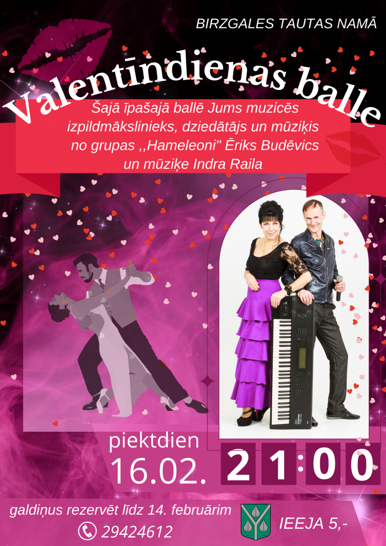 Valentīndienas ballīte Birzgalē plakāts 16.02.2024.