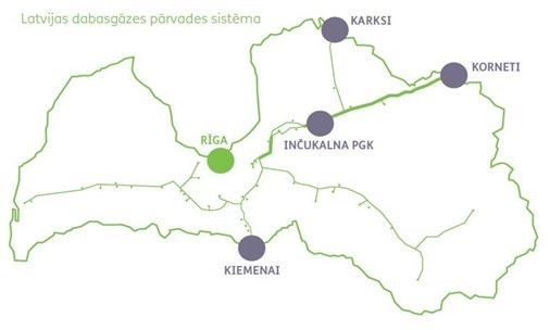 Dabasgāzes apgādes sistēma Latvijā karte 02.2024.