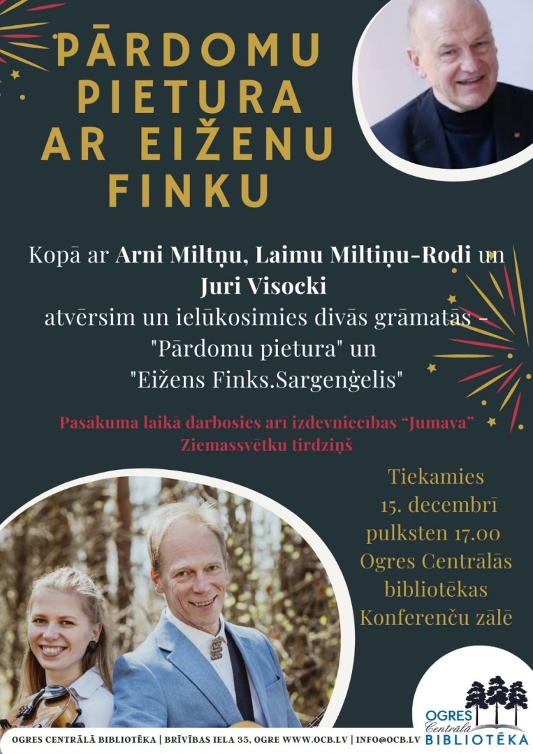 Pārdomu pietura ar Eiženu Finku Ogres Centrālajā bibliotēkā plakāts 15.12.2023