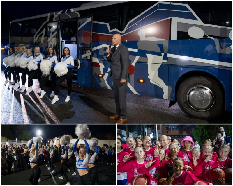 Elektroautobuss, karsējmeitenes, meitenes rozā sporta tērps. attēlu kolāža 23.08.2024.