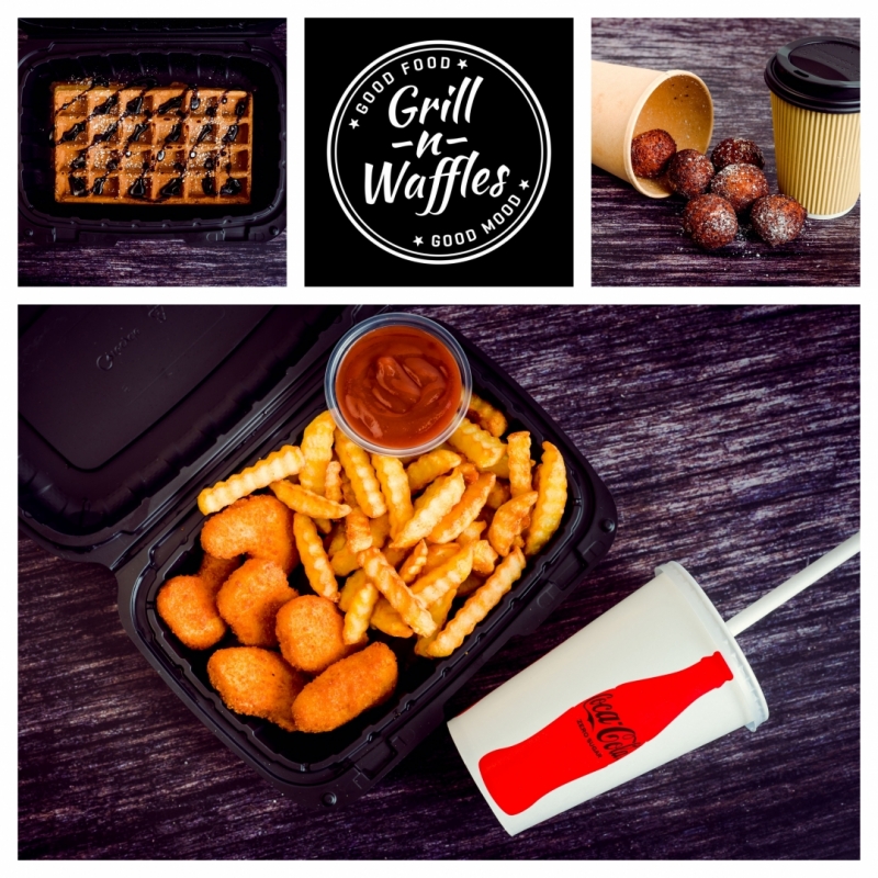 Grill & Waffles uzņēmuma piedāvājums - ēdienu attēlu kolāža