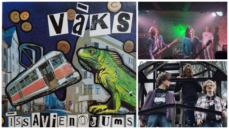 Kolāža ar grupas "Īssavienojums" pirmā albuma "VĀKS" vāciņu un grupas dalībniekiem