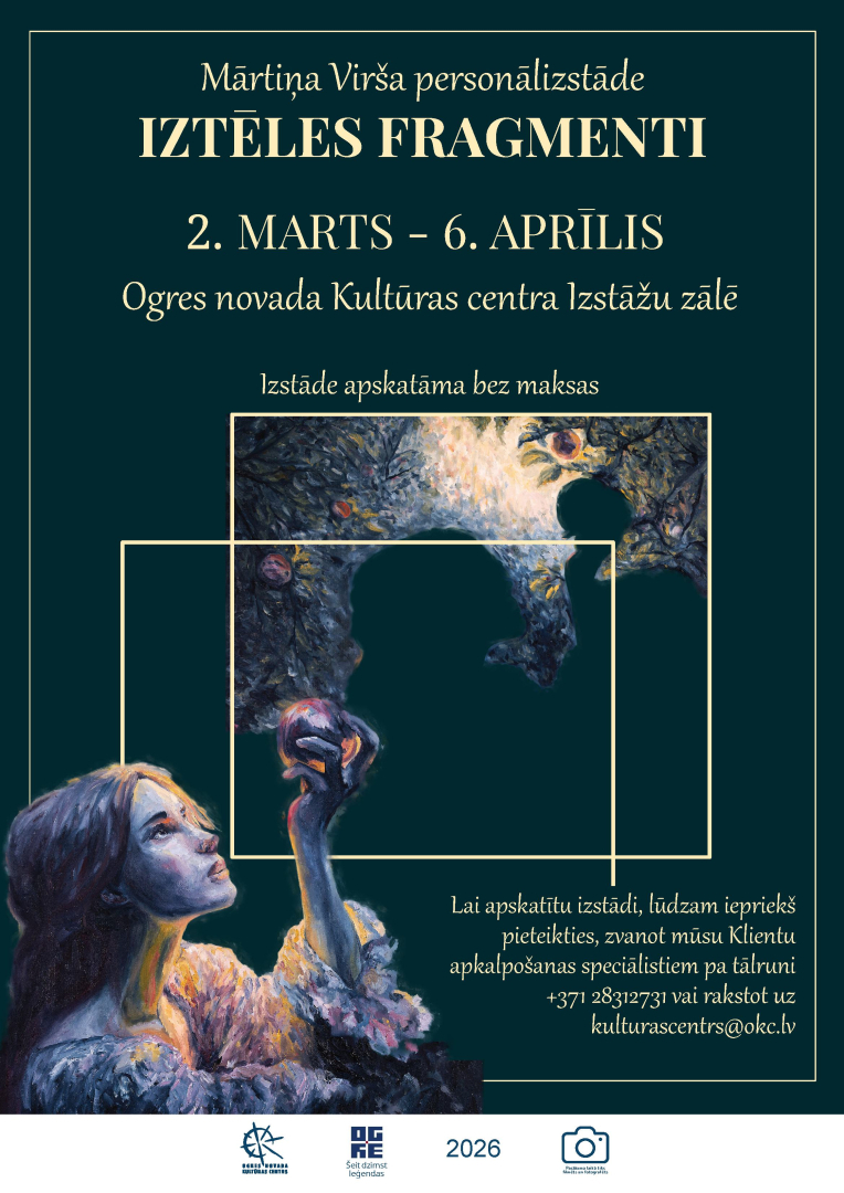 Mākslinieka Mārtiņa Virša personālizstāde IZTĒLES FRAGMENTI līdz 6. aprīlim ONKC Izstāžu zālē. Pieteikšanās zvanot mūsu Klietnu apkalpošanas speciālistiem pa tālruni 28312731 vai rakstot uz kulturascentrs@okc.lv 