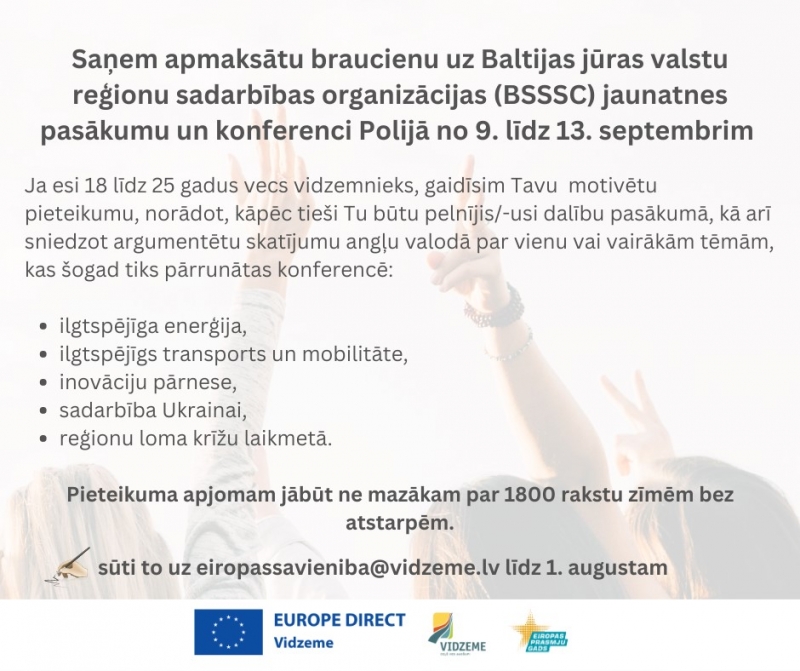 Jauniešiem iespēja pieteikties Baltijas jūras valstu reģionu sadarbības organizācijas jaunatnes pasākumam un konferencei Polijā 06.2023.