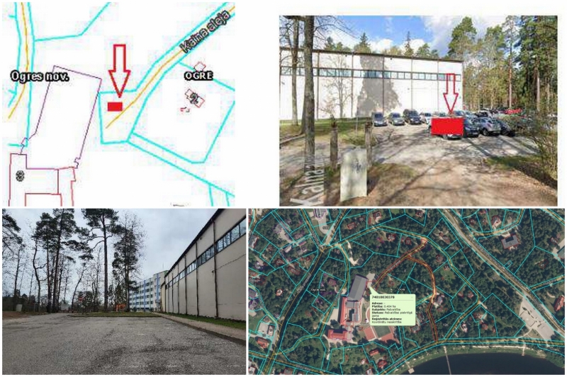 Attēlu kolāža: Kalna aleja, Ogre atrašanās vieta kartē, Ogres Kalna pamatskolas ēka 10.2024.