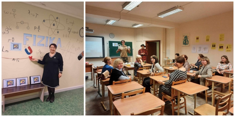 Kolāža - skolotāja stāv pie izveidotās fizikas likumu sienas un skolotāji sēž klasē