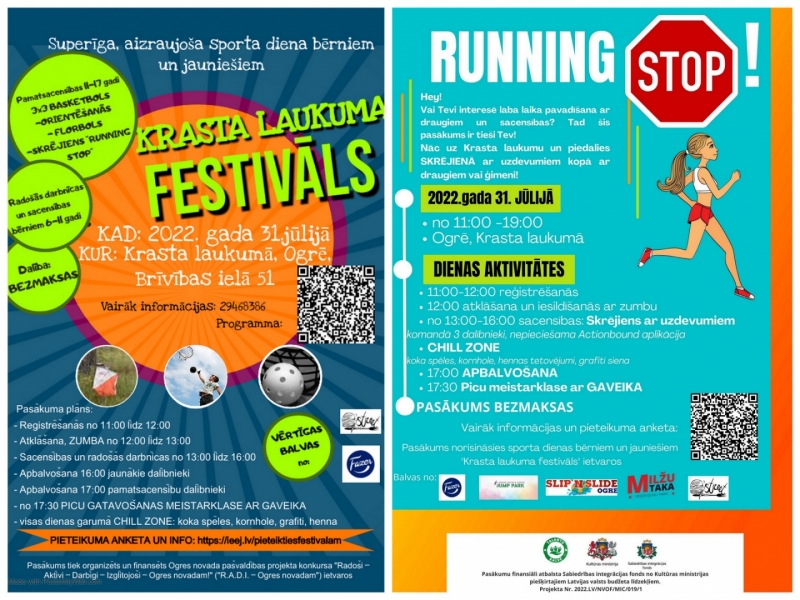 Krasta laukuma festivāla un skrējiena "Running STOP" afišas