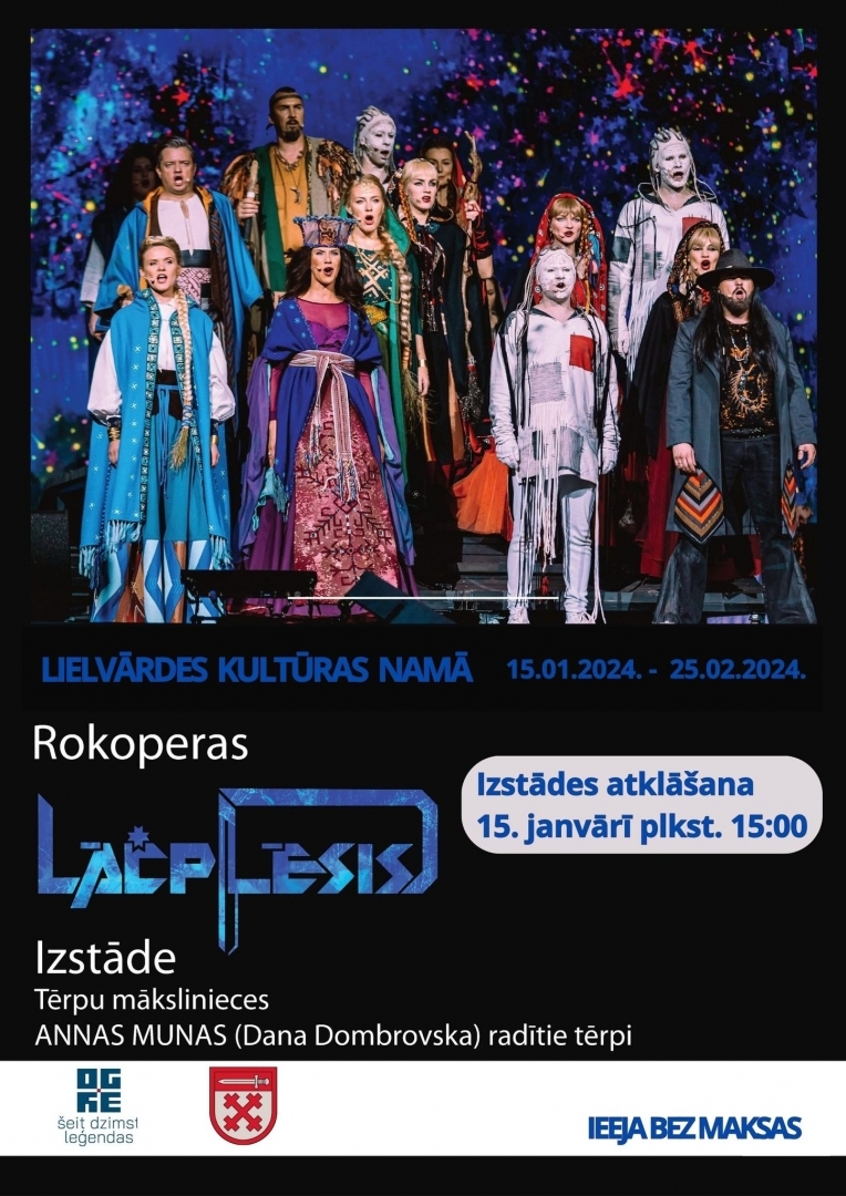 Rokoperas Lāčplēsis tērpu izstādes atklāšana plakāts - izrādes mākslinieki tērpos15.01.2024.