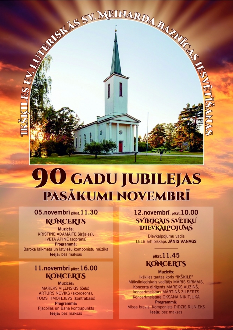 Ikšķiles ev. lut. sv. Meinarda baznīcas 90 gadu jubilejas svētku pasākumi plakāts 11.2023.
