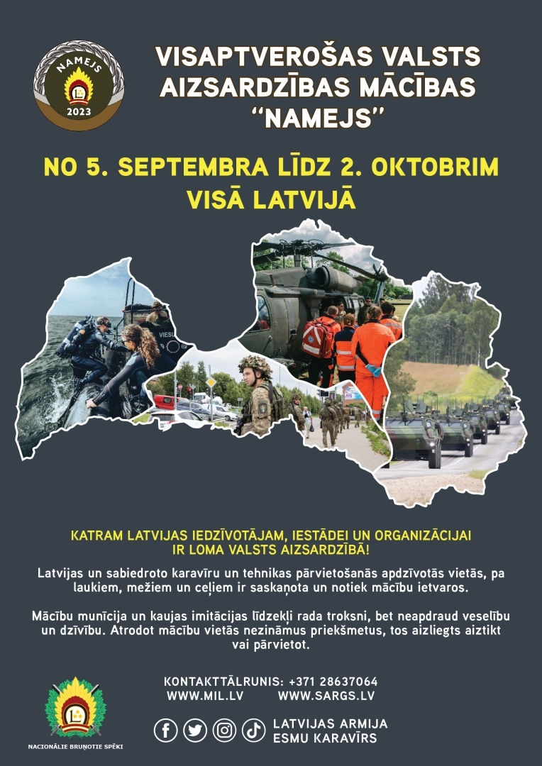 Visaptverošas valsts aizsardzības mācības “Namejs 2023” no 5. septembra līdz 2. oktobrim visā Latvijā 