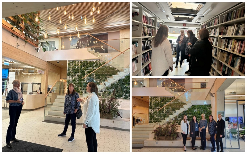 Ogres Centrālā bibliotēkas un Zviedrijas pārstāvji Ogres Centrālajā bibliotēkā un bibliobusā kolāža 2023