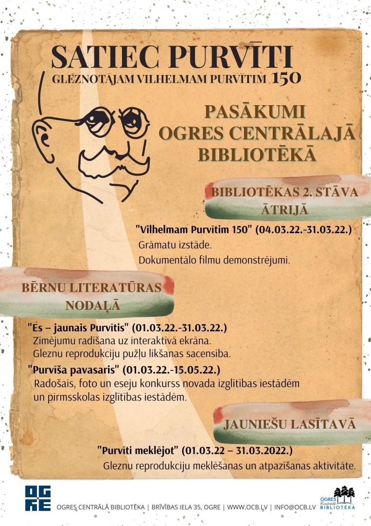 Afiša "Satiec Purvīti" Ogres Centrālajā bibliotēkā