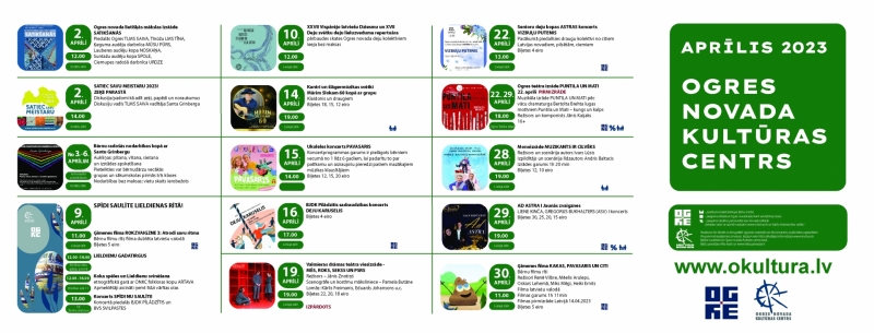 Ogres novada Kultūras centra pasākumu saraksts 2023. gada aprīlī