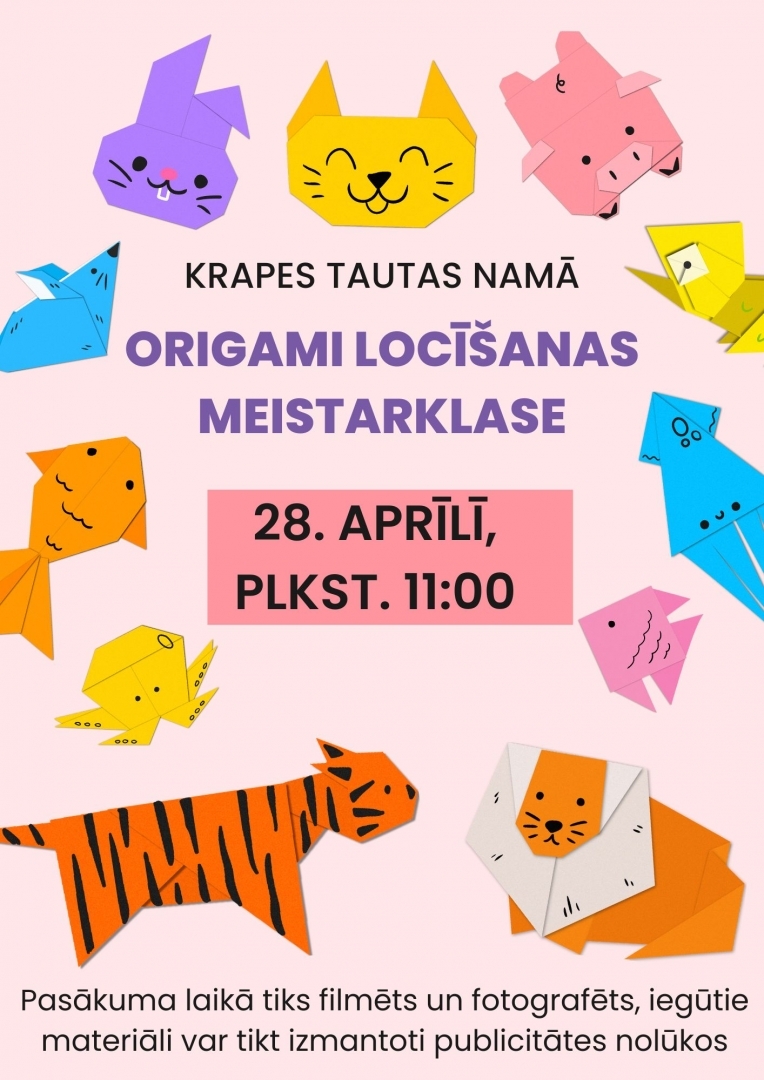 ORIGAMI LOCĪŠANAS MEISTARKLASE BĒRNIEM Krapē 28.04.2024.