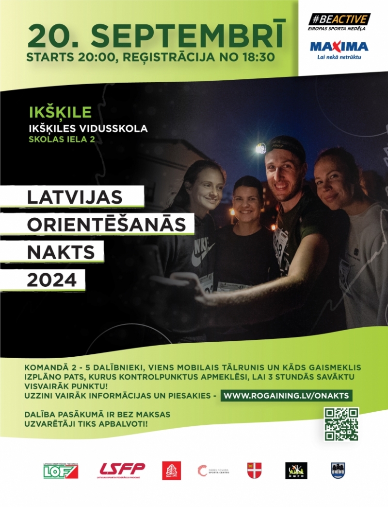 Afiša pasākumam "Latvijas orientēšanās nakts Ikšķilē 2024", jaunieši ar pieres lukturiem