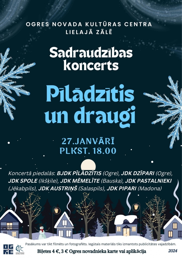Se, 27. jan. plkst. 18:00 BJDK PĪLĀDZĪTIS UN DRAUGI sadraudzības koncerts Ogrē plakāts 27.01.2024