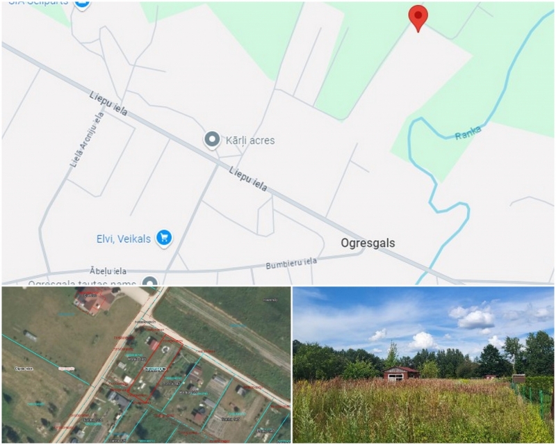 attēlu kolāža: Ranka 141, Ogresgals atrašanās vieta kartē, zeme ar zāli un zilām debesīm