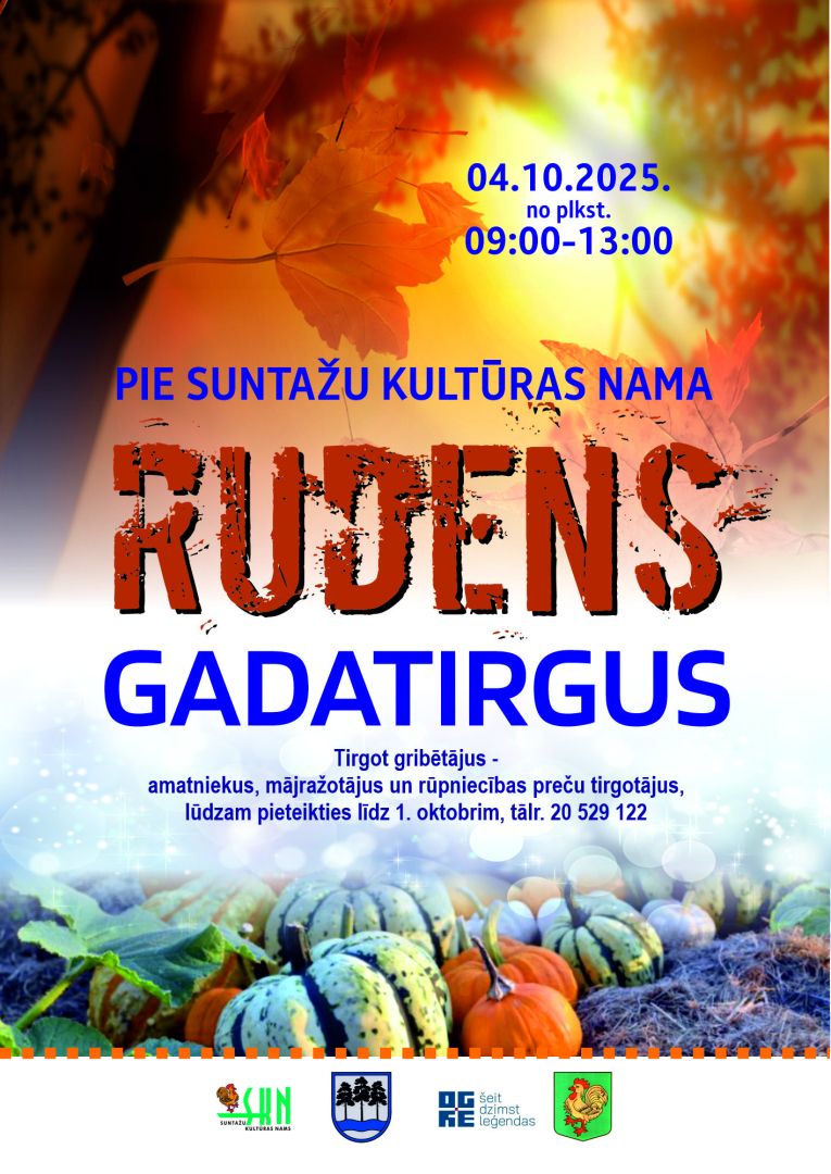 Rudens gadatirgus Suntažos. Attēlā saule un rudens lapu zelts, kā arī rudens veltes - ķirbji