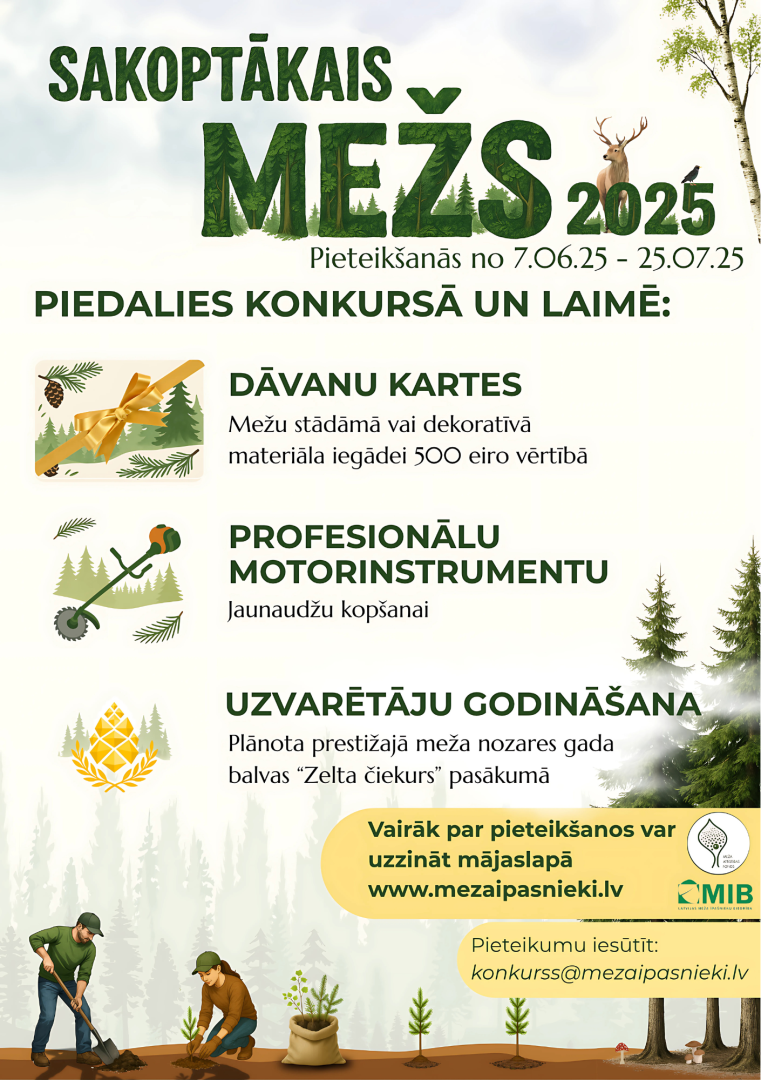 Konkursa "Sakoptākais mežs 2025" plakāts un informācija par pieteikšanos un balvām.