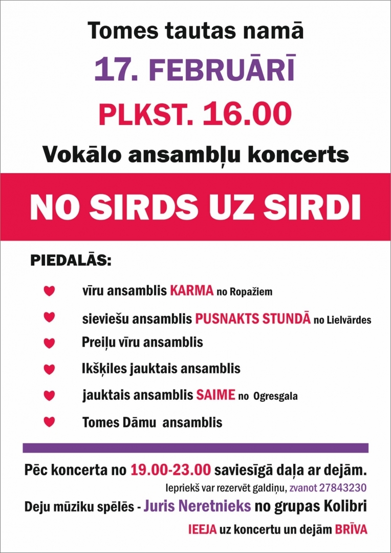 Koncerts “No sirds uz sirdi” Tomē plakāts 17.02.2024.