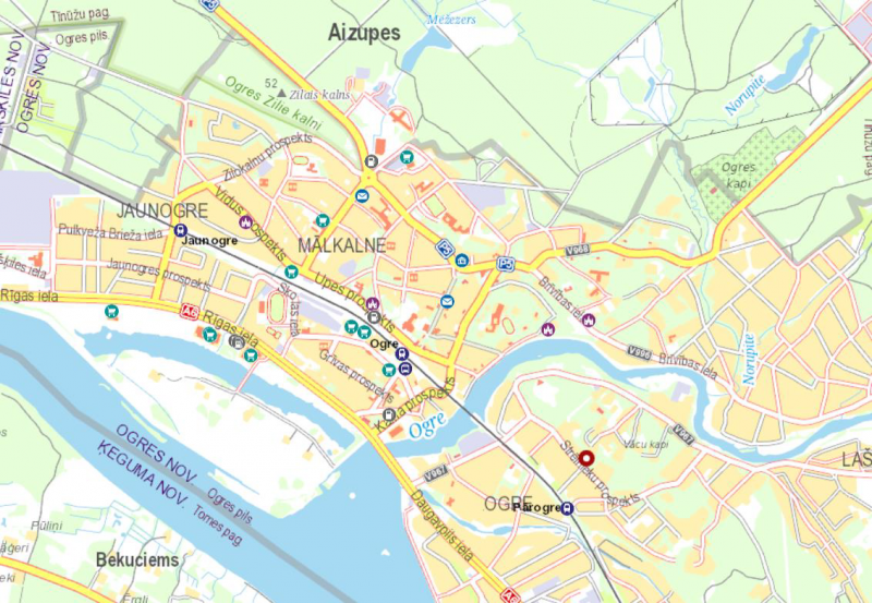 Ogres pilsētas karte ar objekta novietojumu
