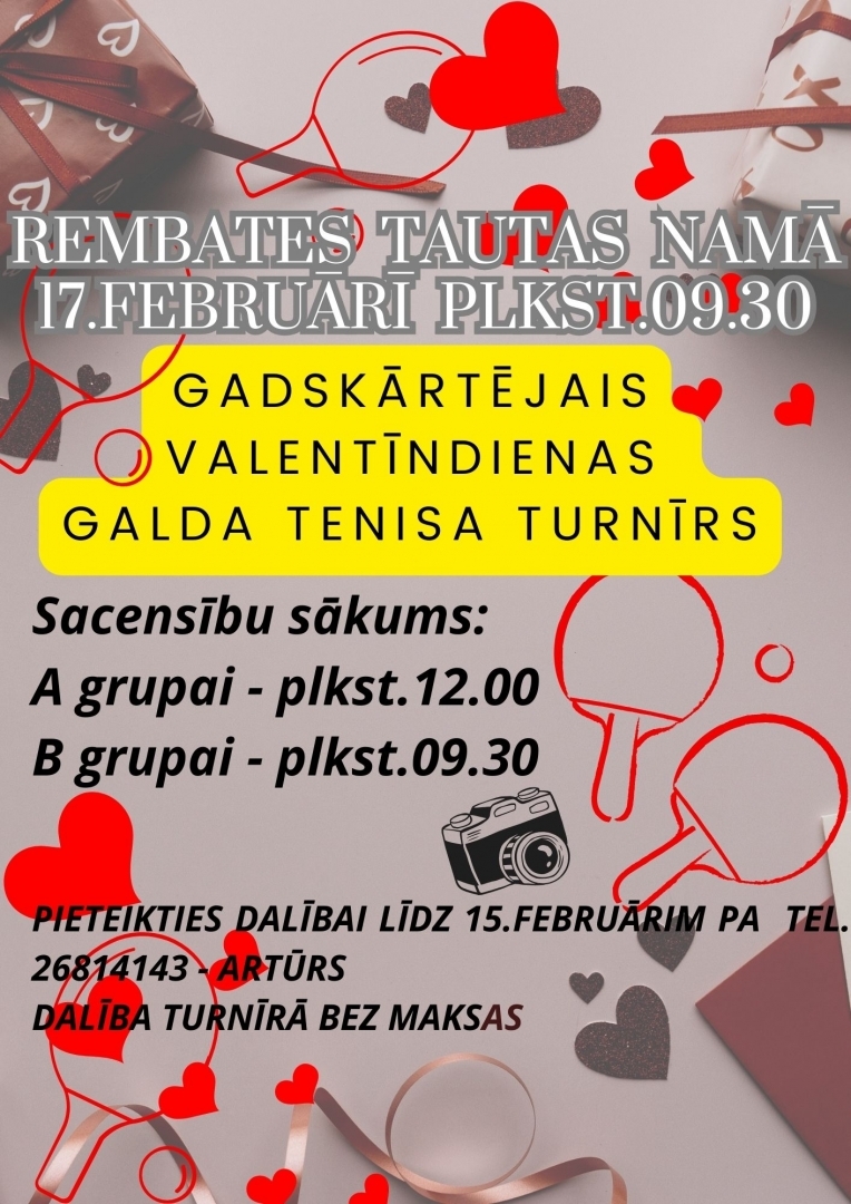 Gadskārtējais Valentīndienas galda tenisa turnīrs Rembatē plakāts 17.02.2024.