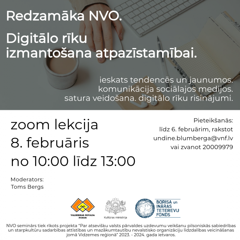 tiešsaistes lekcijai “Redzamāka NVO. Digitālo rīku izmantošana atpazīstamībai” vizuālis 02.2024.