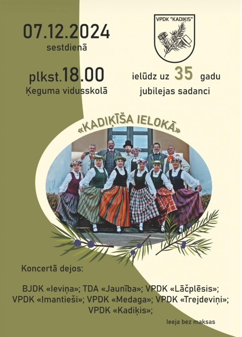 VPDK Kadiķis 35 gadu jubilejas koncerta afiša, kurā redzami kolektīva dalībnieki tautas tērpos.