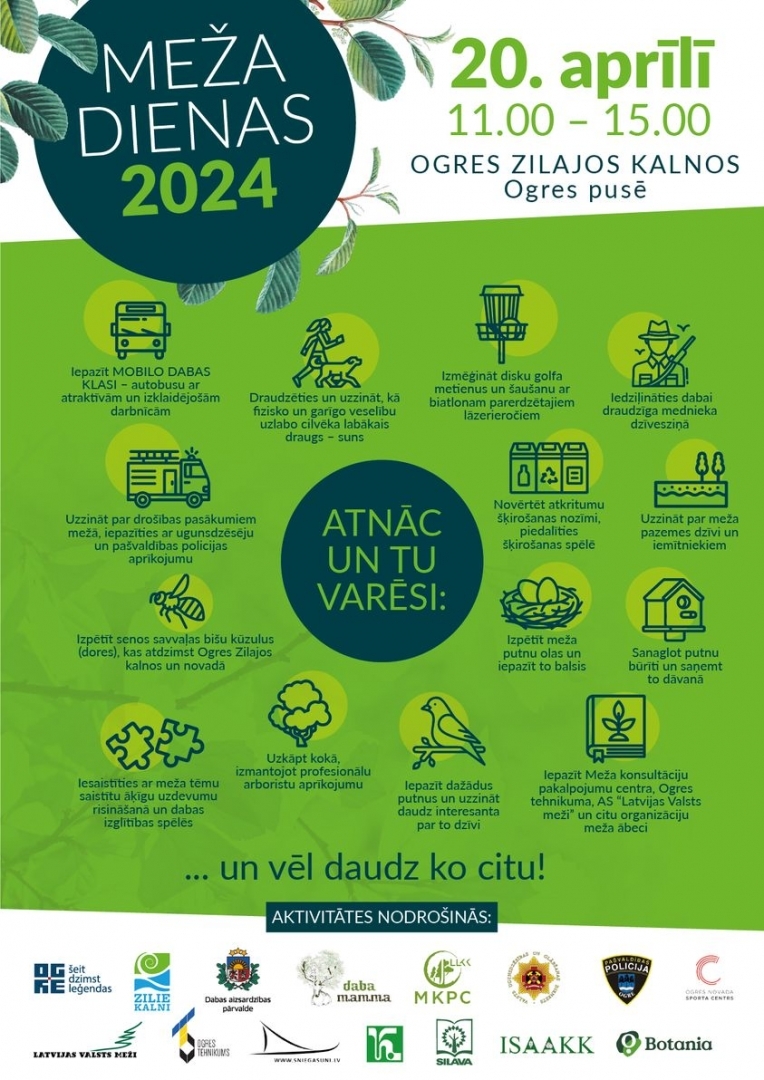 Afiša: Meža dienas 2024, 20. aprīlī plkst. 11.00 - 15.00 Ogres Zilajos kalnos Ogres pusē