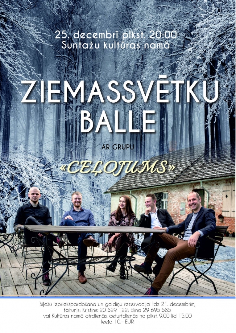 Ziemassvētku balle ar grupu Ceļojums Suntažos plakāts 25.12.2023.