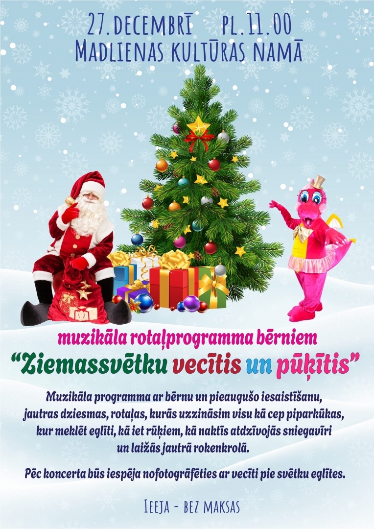 Muzikāla rotaļprogramma bērniem ZIEMASSVĒTKU VECĪTIS UN PŪĶITIS Madlienā plakāts 27.12.2023