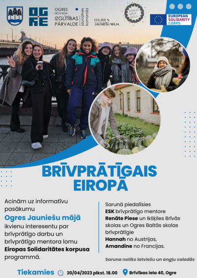 Plakāts informatīvam pasākumam par brīvprātīgo darbu un mentora lomu Eiropas Solidaritātes korpusa programmā
