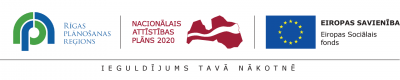 Rīgas plānošanas reģiona logo, Nacionālā attīstības plāna 2020 logo un Eiropas Savienības Eiropas Sociālā fonda logo