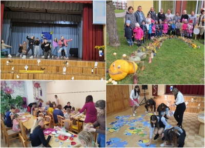 Madlienas vidusskolas skolēni Eiropas Vēstnieku salidojuma priekšnesums - skolēni dzied uz skatuves. PII Taurenītis bērni ar ķirbi. Bērni veido svētku rotājumus. skolēni liek Eiropas karti - puzzli. Kolāža