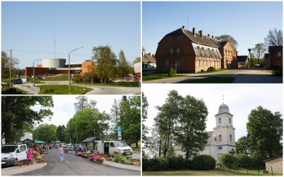 Madlienas pagasts - pagasta pārvalde, tirgus laukums, baznīca kolāža