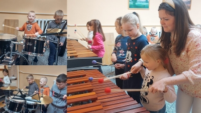 Madlienas Mākslas un Mūzikas skolas bērni pie sitamajiem instrumentiem 2023