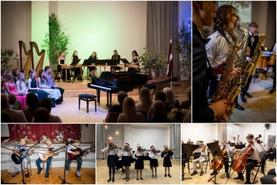 Ogres Mūzikas un mākslas skolēni spēlē dažādus mūzikas instrumentus, attēlu kolāža