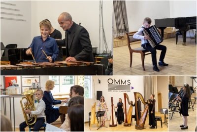 Ogres Mūzikas un mākslas skolēni spēlē dažādus mūzikas instrumentus, attēlu kolāža