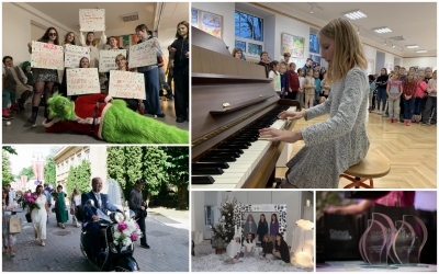 Ogres Mūzikas un mākslas skolniece pie klavierēm, bērni ar plakātiem, A.Lakstīgala uz motocikla, attēlu kolāža