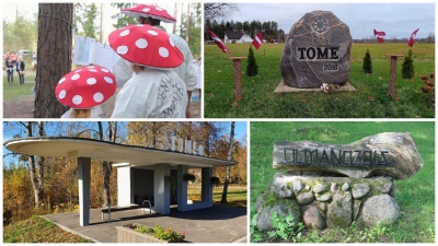 Toms pagasta objektu kolāža - piemiņas akmens, Ulmaņozols, Tomes autobusu pietura