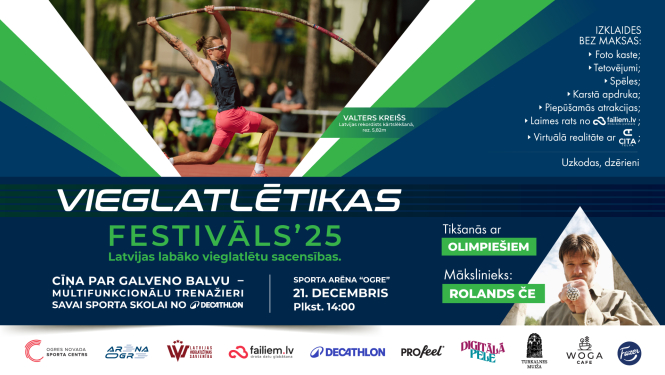 Afiša vieglatlētikas festivālam 2025, kas notiks 21.decembrī. Uz afišas kārtslēcējs un pasākuma vadītājs Rolands Čē
