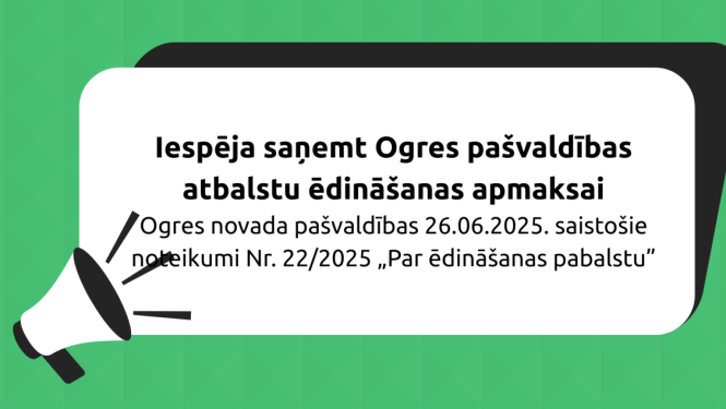 Iespēja saņemt Ogres pašvaldības atbalstu ēdināšanas apmaksai