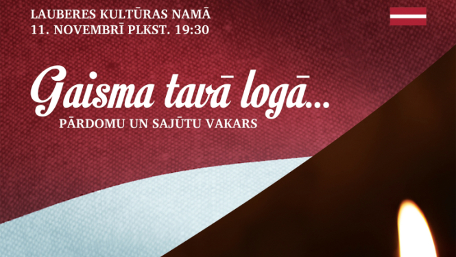 Afišā svecītes uz Latvijas karoga fona