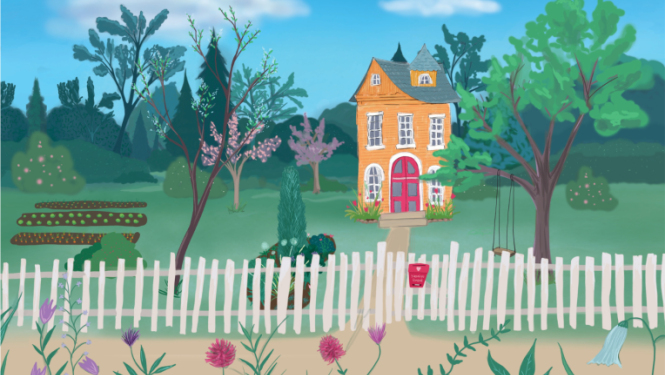 Koncertuzveduma "Man ir ģimene" afiša - zīmēta māja, koki, sēta un un zilas debesis